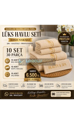Güzellik salonları için bej logo nakışlı 10 set 30 parça lüks havlu seti