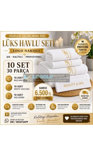 Güzellik salonları için beyaz logo nakışlı 10 set 30 parça lüks havlu seti
