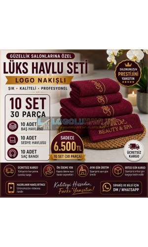 Güzellik salonları için bordo logo nakışlı 10 set 30 parça lüks havlu seti