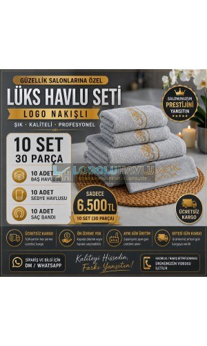 Güzellik salonları için gri logo nakışlı 10 set 30 parça lüks havlu seti