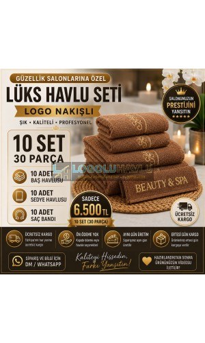 Güzellik salonları için kahverengi logo nakışlı 10 set 30 parça lüks havlu seti