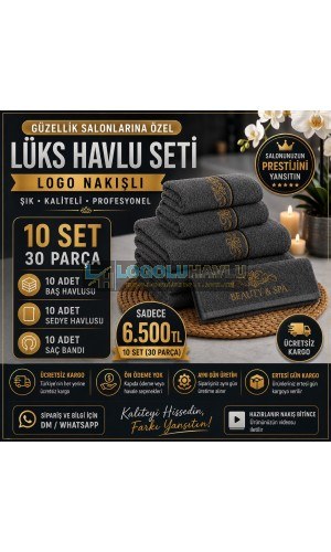 Güzellik salonları için koyu gri logo nakışlı 10 set 30 parça lüks havlu seti