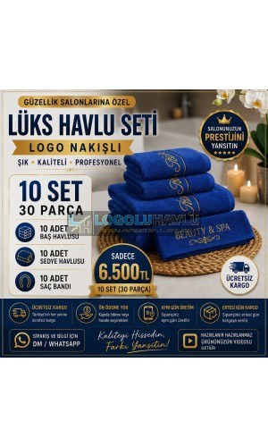 Güzellik salonları için mavi logo nakışlı 10 set 30 parça lüks havlu seti