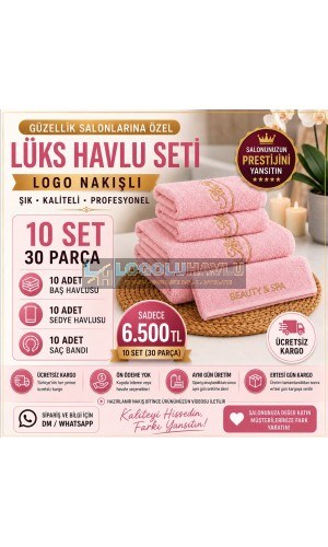 Güzellik salonları için pembe logo nakışlı 10 set 30 parça lüks havlu seti