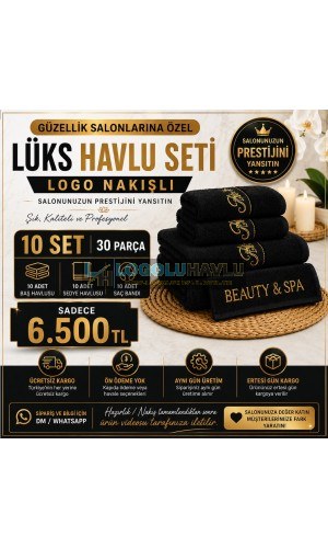 Güzellik salonları için siyah logo nakışlı 10 set 30 parça lüks havlu seti