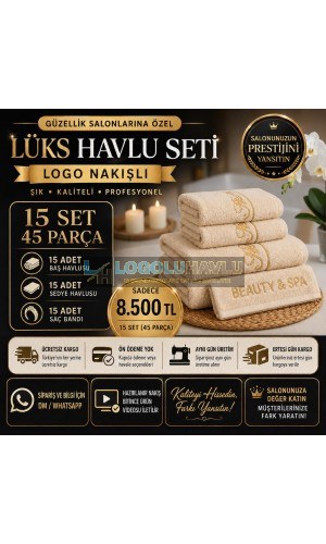 Güzellik salonları için bej logo nakışlı 15 set 45 parça lüks havlu seti