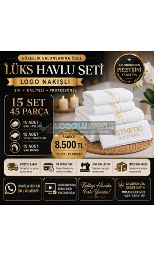 Güzellik salonları için beyaz logo nakışlı 15 set 45 parça lüks havlu seti