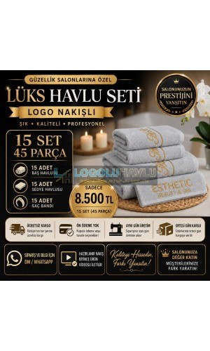 Güzellik salonları için gri logo nakışlı 15 set 45 parça lüks havlu seti