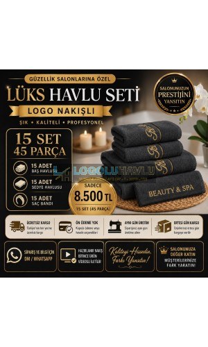 Güzellik salonları için koyu gri logo nakışlı 15 set 45 parça lüks havlu seti