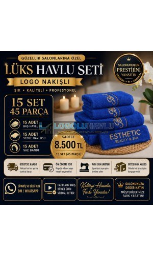 Güzellik salonları için mavi logo nakışlı 15 set 45 parça lüks havlu seti