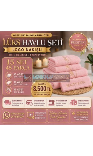 Güzellik salonları için pembe logo nakışlı 15 set 45 parça lüks havlu seti