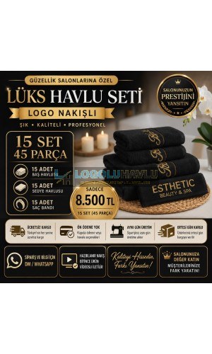 Güzellik salonları için siyah logo nakışlı 15 set 45 parça lüks havlu seti