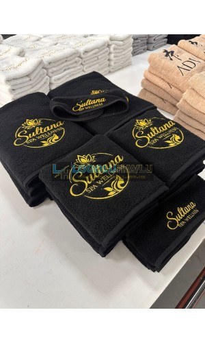 Siyah baş havlusu sedye havlusu saç bandı gold logo nakışlı güzellik salonu havlu seti