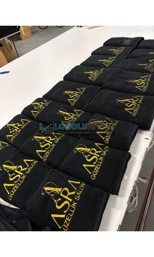Siyah çift yön bukle logolu güzellik salonu havlu seti üretimi