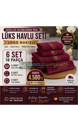 Güzellik salonları için bordo gold nakışlı lüks havlu seti