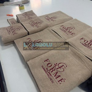Bordo Nakışlı Bej Sütlü Kahve Kapuçino Logolu Havlu Seti