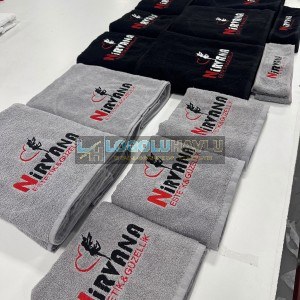 Güzellik Salonu Havlu Seti Gri ve Siyah Logo Nakışlı
