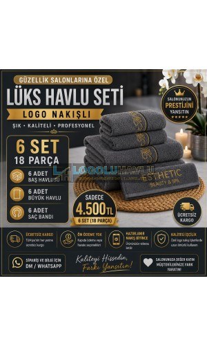 Güzellik salonları için koyu gri gold nakışlı lüks havlu seti