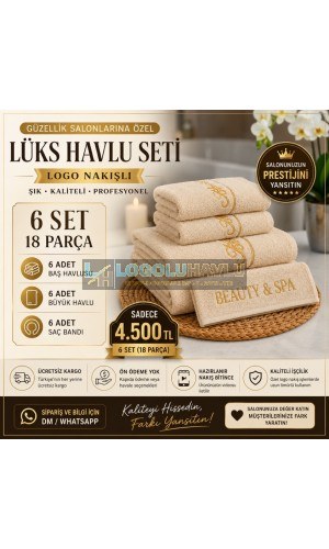 Güzellik salonları için bej logo nakışlı lüks havlu seti