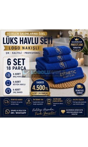 Güzellik salonları için mavi gold nakışlı lüks havlu seti