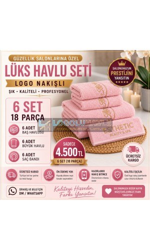 Güzellik salonları için pembe gold nakışlı lüks havlu seti