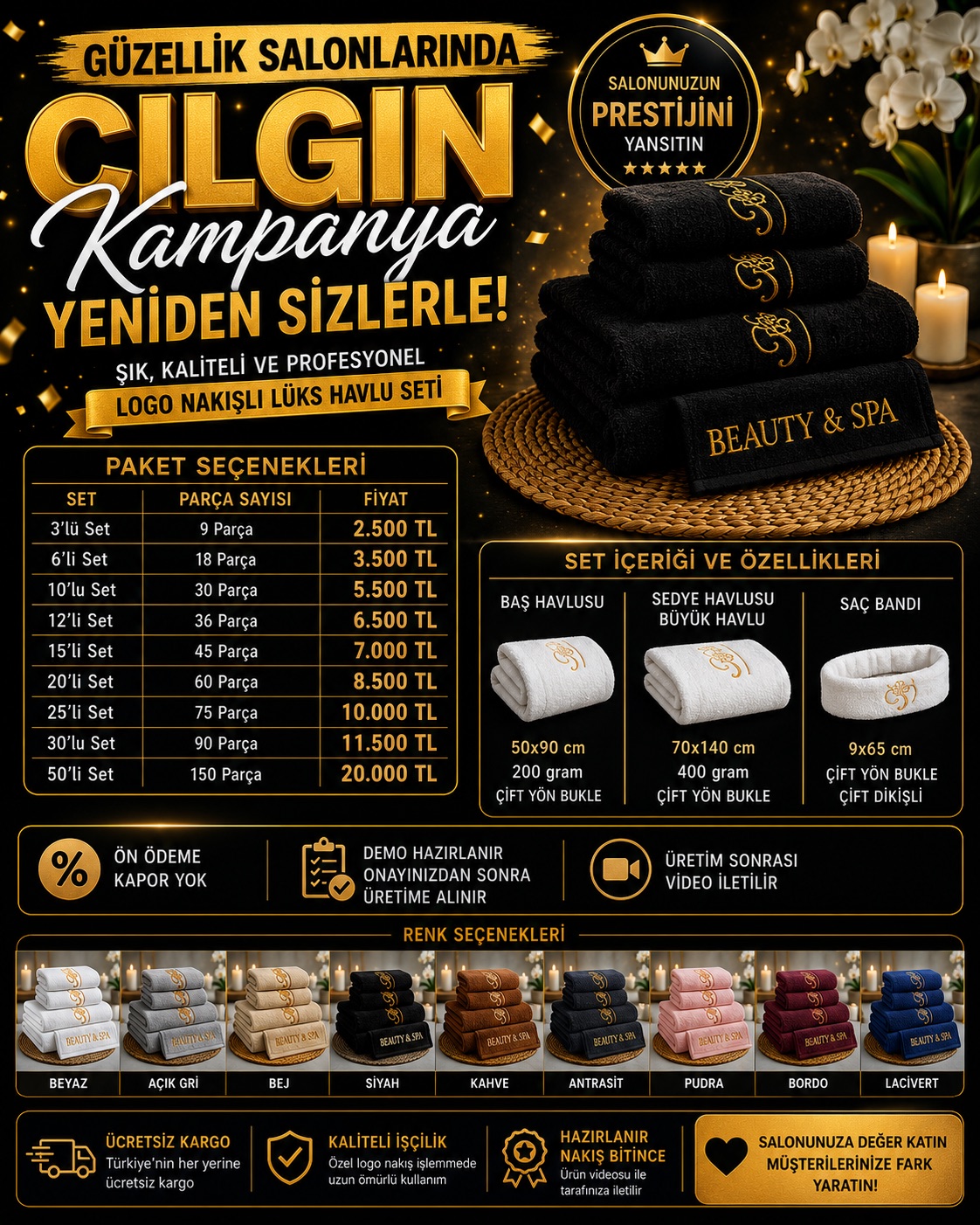Güzellik salonları için logo nakışlı havlu seti fiyat listesi