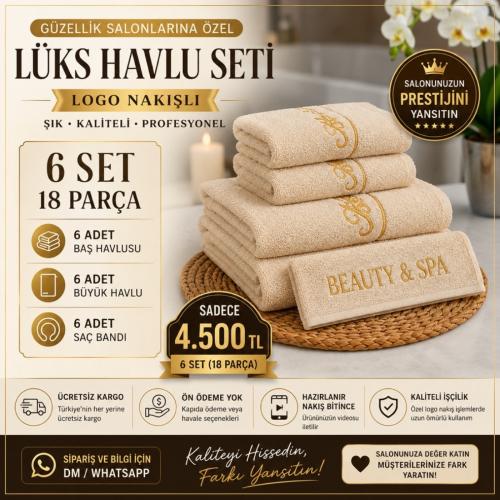 Bej Logo Nakışlı Lüks Havlu Seti