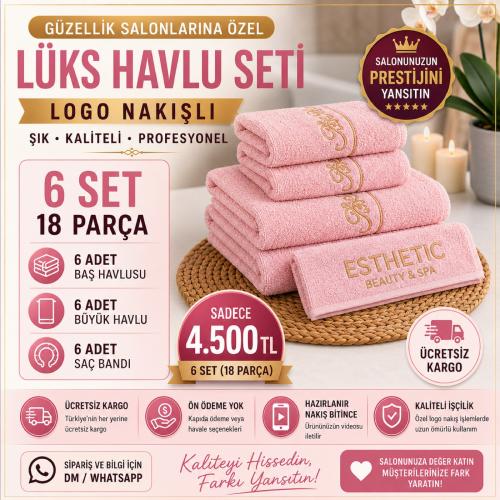 Pembe Logo Nakışlı Lüks Havlu Seti