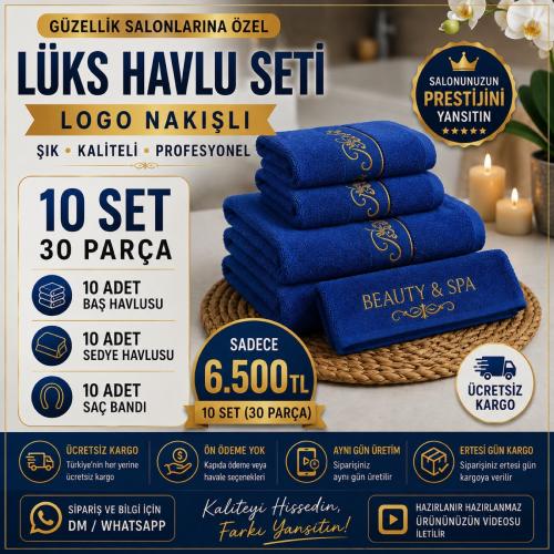 10 Set Mavi Logo Nakışlı Lüks Havlu Seti