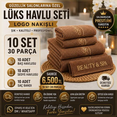 10 Set Kahverengi Logo Nakışlı Lüks Havlu Seti