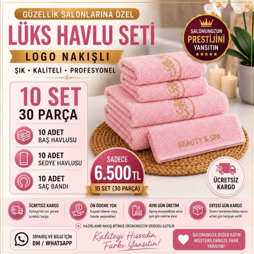 10 Set Pembe Logo Nakışlı Lüks Havlu Seti