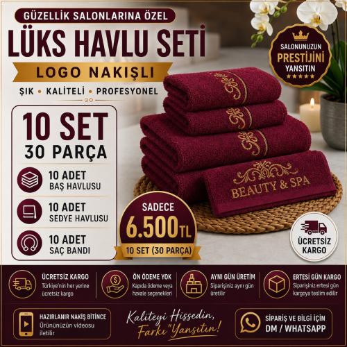 10 Set Bordo Logo Nakışlı Lüks Havlu Seti