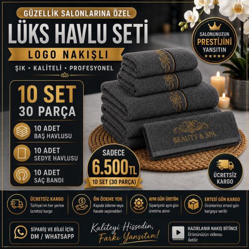 10 Set Koyu Gri Logo Nakışlı Lüks Havlu Seti