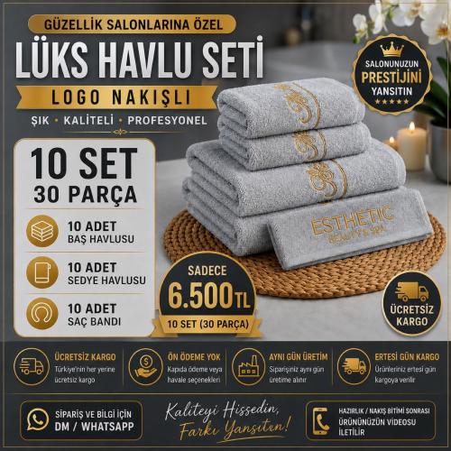 10 Set Gri Logo Nakışlı Lüks Havlu Seti
