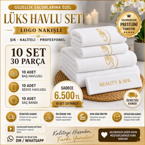 10 Set Beyaz Logo Nakışlı Lüks Havlu Seti
