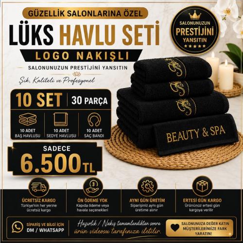 10 Set Siyah Logo Nakışlı Lüks Havlu Seti