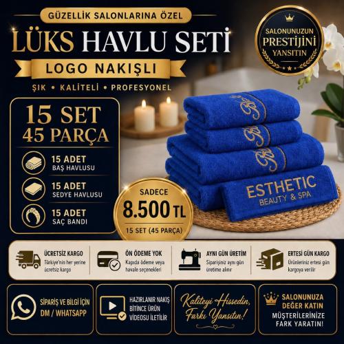 15 Set Mavi Logo Nakışlı Lüks Havlu Seti
