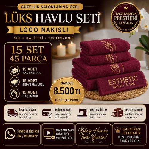 15 Set Bordo Logo Nakışlı Lüks Havlu Seti