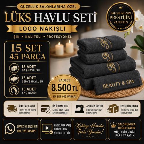15 Set Koyu Gri Logo Nakışlı Lüks Havlu Seti