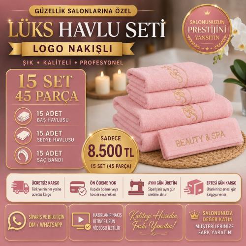 15 Set Pembe Logo Nakışlı Lüks Havlu Seti