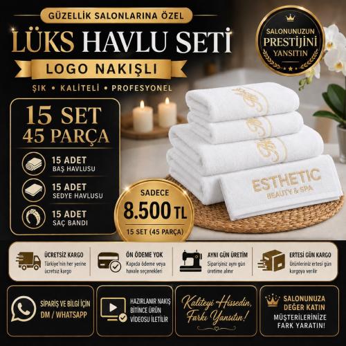 15 Set Beyaz Logo Nakışlı Lüks Havlu Seti
