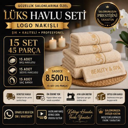 15 Set Bej Logo Nakışlı Lüks Havlu Seti