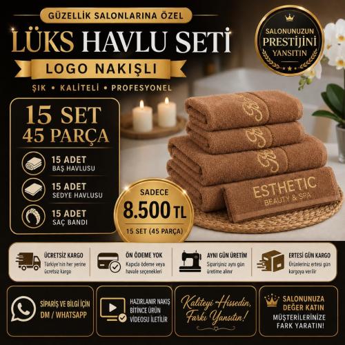 15 Set Kahverengi Logo Nakışlı Lüks Havlu Seti